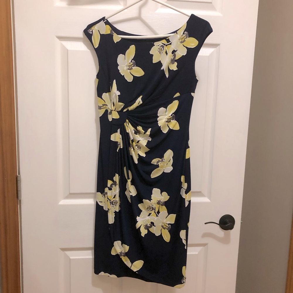 ☀️ Connected Apparel Drop Sleeve Rouched Dress Navy/Yellow Floral Size 4P